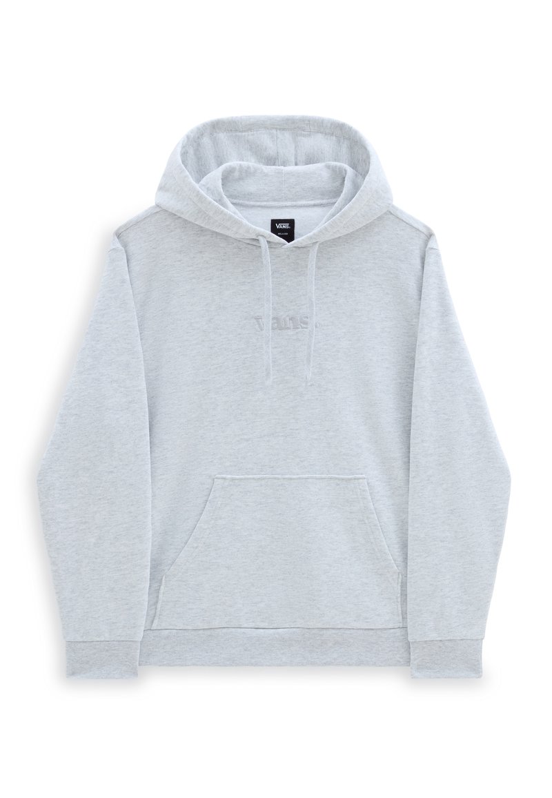 Light gray Vans hoodie with front kangaroo pocket, adjustable drawstring hood, and subtle embossed Vans logo on chest.