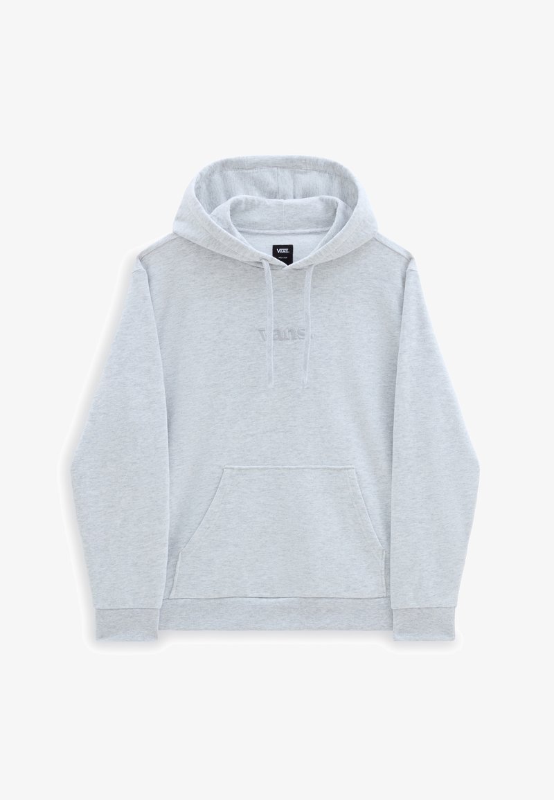 Light gray Vans hoodie with front kangaroo pocket, adjustable drawstring hood, and subtle embossed Vans logo on chest.