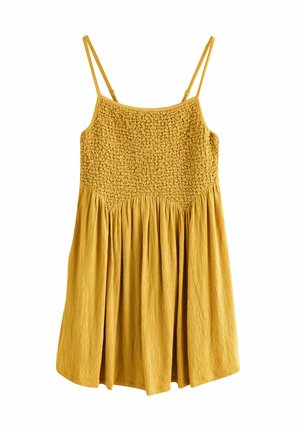Gelbes Sommerkleid mit Spaghetti-Trägern; geraffter Oberteil; ausgestellter Rock mit Falten; leichtes, strukturiertes Material.