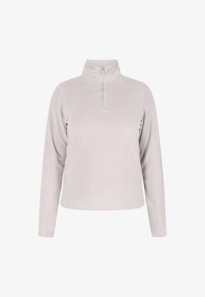 Pulover din fleece gri deschis cu guler înalt și fermoar pe jumătate, având mâneci lungi și o croială lejeră. Textură moale pe toată suprafața.