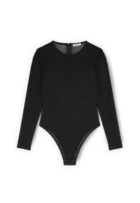 Langärmliger schwarzer Bodysuit aus geripptem Stoff. Verfügt über einen runden Halsausschnitt und einen Reißverschluss auf der Rückseite. Hoch geschnittenes Bein-Design.