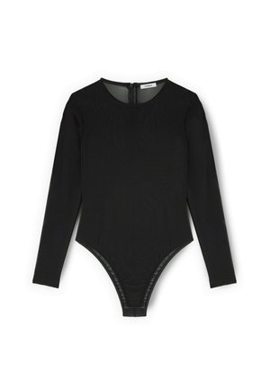 Langärmliger schwarzer Bodysuit aus geripptem Stoff. Verfügt über einen runden Halsausschnitt und einen Reißverschluss auf der Rückseite. Hoch geschnittenes Bein-Design.