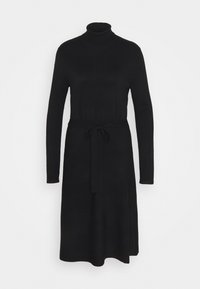 Robe col roulé noire en tissu tricoté doux. Elle présente des manches longues, un corsage ajusté, une ceinture à nouer à la taille et une jupe évasée.