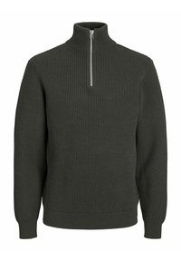 Maglione a coste verde scuro con maniche lunghe, colletto alto e zip frontale a metà. Realizzato in un materiale testurizzato e elasticizzato.