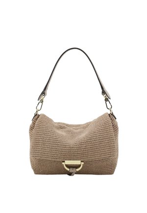 Beige gewebte Umhängetasche mit schwarzem Lederband und goldfarbenem Verschluss in der vorderen Mitte.