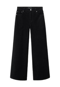 Pantalones de pana negros de pierna ancha con una cintura alta, que cuentan con herrajes plateados, dos bolsillos frontales y una tela suave y texturizada.