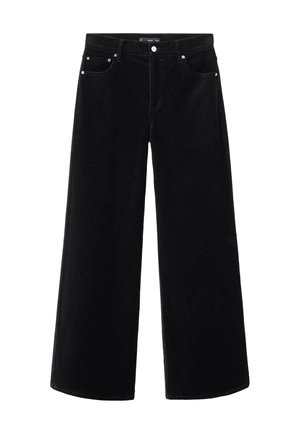 Pantaloni wide-leg in corduroy neri con vita alta, dotati di accessori in metallo argento, due tasche frontali e un tessuto morbido e strutturato.