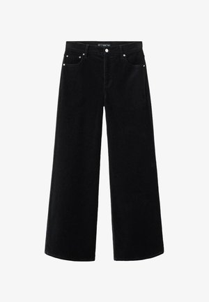 Black corduroy wide-leg pants with a high waist, featuring silver hardware, two front pockets, and a soft, textured fabric.