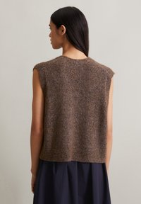 Knit sleeveless brown top with a textured finish, featuring a crew neckline and subtle blue flecks. The hem sits at the waist.