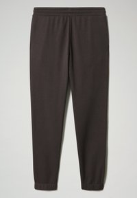 Pantaloni della tuta grigio scuro con fascia elastica in vita, gamba affusolata e polsini elasticizzati alle caviglie; texture liscia e design semplice.