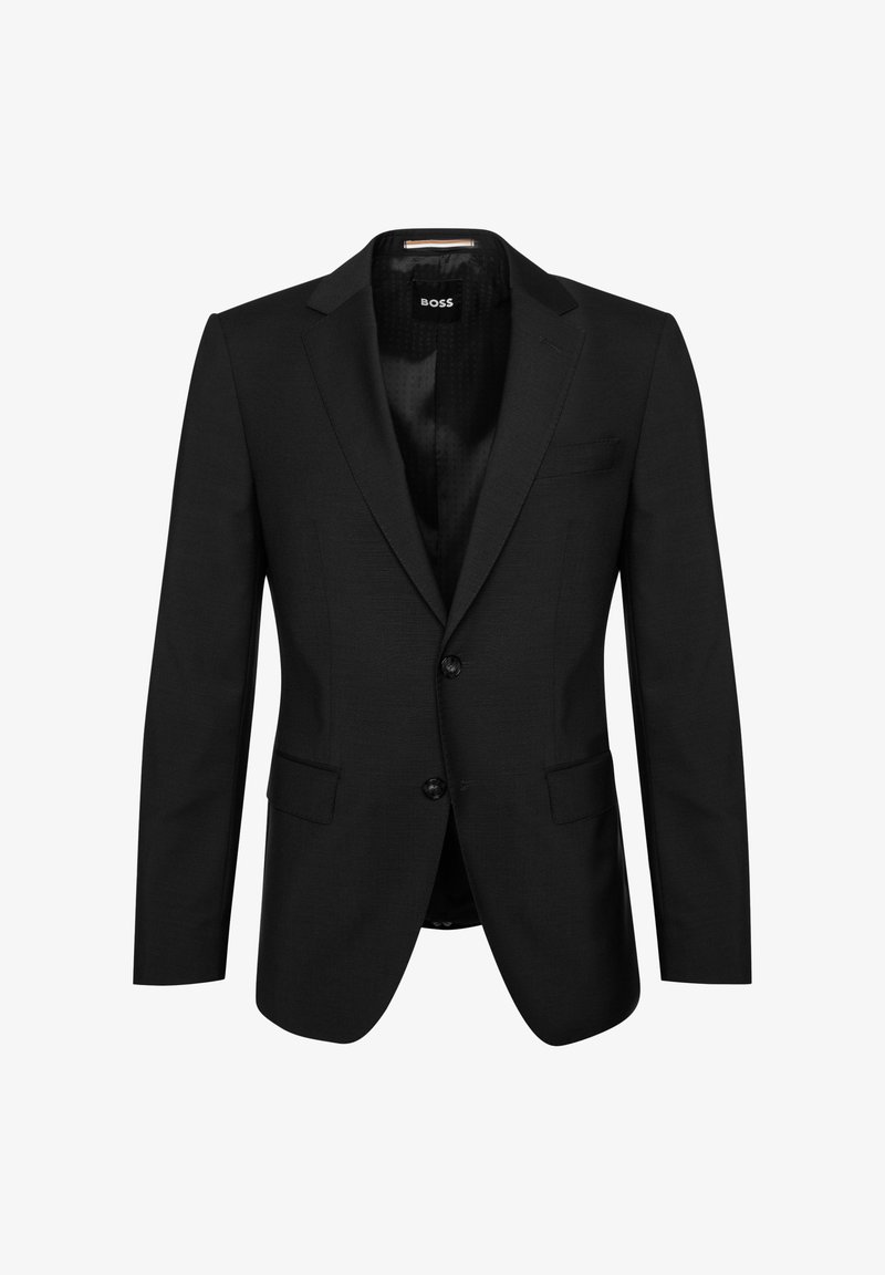 Black fitted blazer made of smooth fabric, featuring a notch lapel, single button closure, two front pockets, and a subtle textured interior.