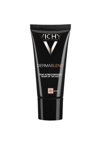 Vichy Dermablend foundation in a black squeeze tube, features a matte finish, labeled "30 BEIGE," with textured cap and sleek design.