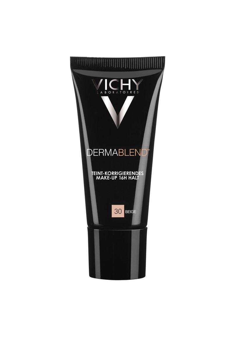 Vichy Dermablend foundation in a black squeeze tube, features a matte finish, labeled "30 BEIGE," with textured cap and sleek design.