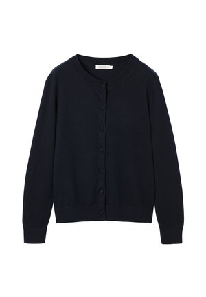 Cardigan bleumarin cu mâneci lungi, decolteu rotund și nasturi acoperiți cu același material pe partea din față.