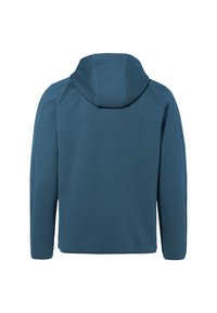 Felpa con cappuccio blu, stoffa morbida, vestibilità regolare, maniche lunghe, vista posteriore che mostra un cappuccio arrotondato, senza loghi o motivi visibili.