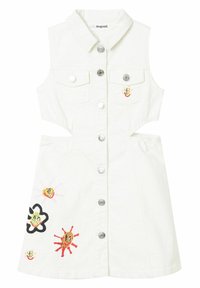 Bílé džínové šaty s límečkem, druky, výřezovými boky a barevnými vyšívanými květinovými a slunečními vzory na sukni.