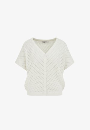 Bela pletena jopica z V-izrezom, kratkimi rokavi in zapiranjem na gumbe. Ima vzorec ribic v obliki chevrona in rebrast rob. Lahka tekstura.