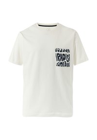 Witte katoenen t-shirt met een ontspannen pasvorm. Heeft een marineblauw grafisch zakontwerp met gestileerde tekst. Ronde halslijn en korte mouwen.