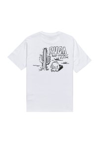 Hvid bomulds t-shirt med sort grafisk design af en kaktus og kranium samt teksten "RVCA PAST PRESENT FUTURE" på ryggen.