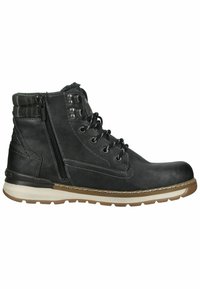 Bottes chelsea en cuir noir avec une semelle en caoutchouc, dotées d'une fermeture éclair sur le côté, d'un laçage et d'accents en tissu plaid en haut.