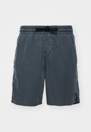 Gray swim shorts made of lightweight fabric. Elastic waistband with drawstring, side seam pockets, and a round logo on the left leg.