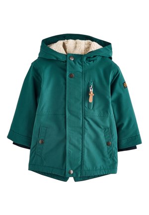 Türkisfarbener Kinder-Wintermantel mit Kapuze, Sherpa-Futter, Frontreißverschluss, Druckknöpfen und einer Brusttasche mit Reißverschluss und Lederzuglasche.