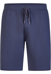 Marineblauwe casual shorts met elastische tailleband en verstelbaar trekkoord, gemaakt van zachte stof, met een knielange snit.