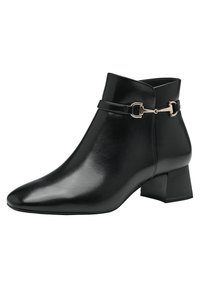 Black leather ankle boots with a pointed toe, block heel, and a strap with a gold-tone buckle detail around the ankle.