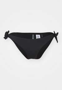 Parte inferiore di bikini nera realizzata in tessuto liscio, con lacci alle estremità laterali. Copertura moderata, con un design semplice e curvato e senza fantasie.