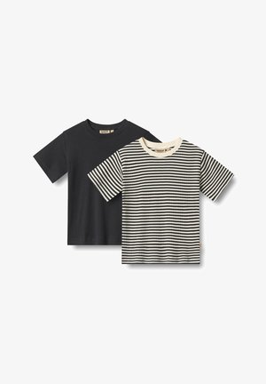 Two t-shirts: one solid black, ribbed texture; one cream and black striped with a rounded neckline. Both have short sleeves.