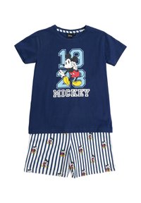 Camiseta azul marino con gráfico de Mickey Mouse y el número "1928". Pantalones cortos a rayas blancas con pequeños estampados de Mickey Mouse. Tejido de algodón.