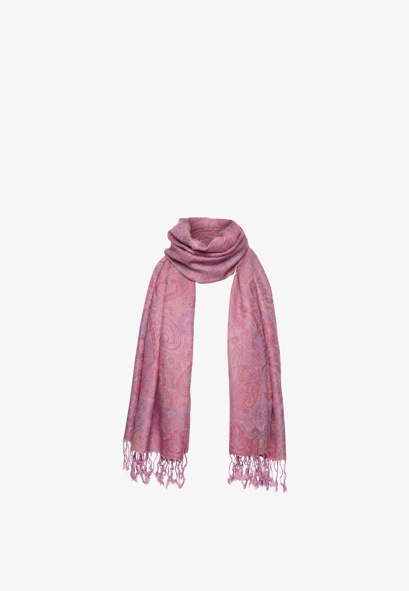 Foulard rose à motif cachemire avec des franges aux deux extrémités, drapé pour mettre en valeur le tissu doux et le motif tissé détaillé.