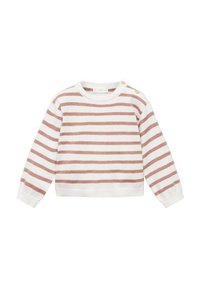 Weißer Sweatshirt mit horizontalen rostfarbenen Streifen, rundem Halsausschnitt, langen Ärmeln und zwei goldenen Knöpfen an der linken Schulter.