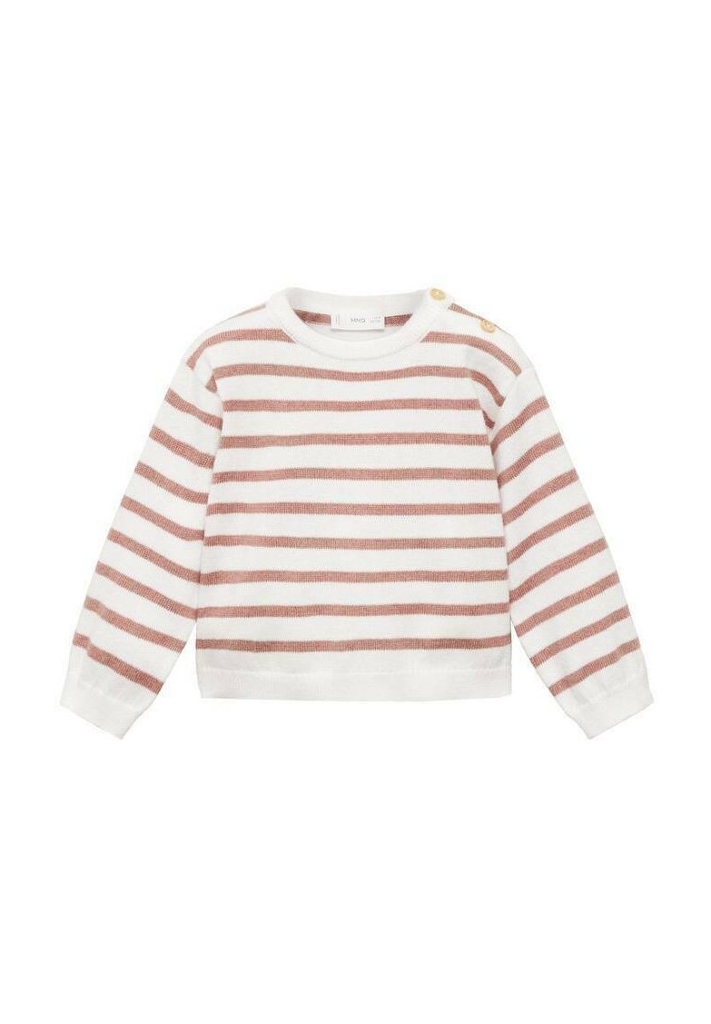 Weißer Sweatshirt mit horizontalen rostfarbenen Streifen, rundem Halsausschnitt, langen Ärmeln und zwei goldenen Knöpfen an der linken Schulter.