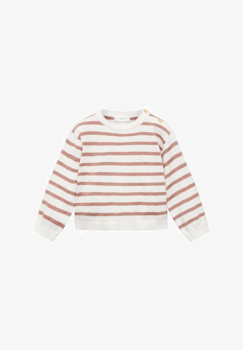 White sweatshirt with horizontal rust-colored stripes, round neckline, long sleeves, and two golden buttons on the left shoulder.