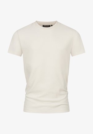 Jasnobeżowa koszulka z bawełny, z okrągłym dekoltem, krótkimi rękawami i gładką strukturą oraz regularnym krojem.