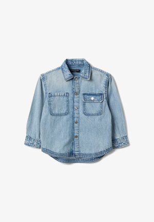 Lichtblauw denim overhemd met een klassieke kraag, lange mouwen, twee borstzakken en knoopsluiting. Heeft contrasterende stikdetails.