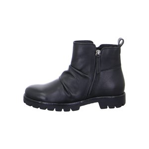 Black leather ankle boot with side zipper, pull tab at back, and textured rubber sole.