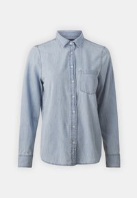 Light blue long-sleeve denim shirt with button-down front, collar, and single chest pocket, displayed against a plain background.