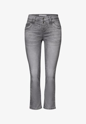 Grå denimjeans med slim fit, med en medelhög midja, två framfickor och en knappgylf. Subtil blekt textur.