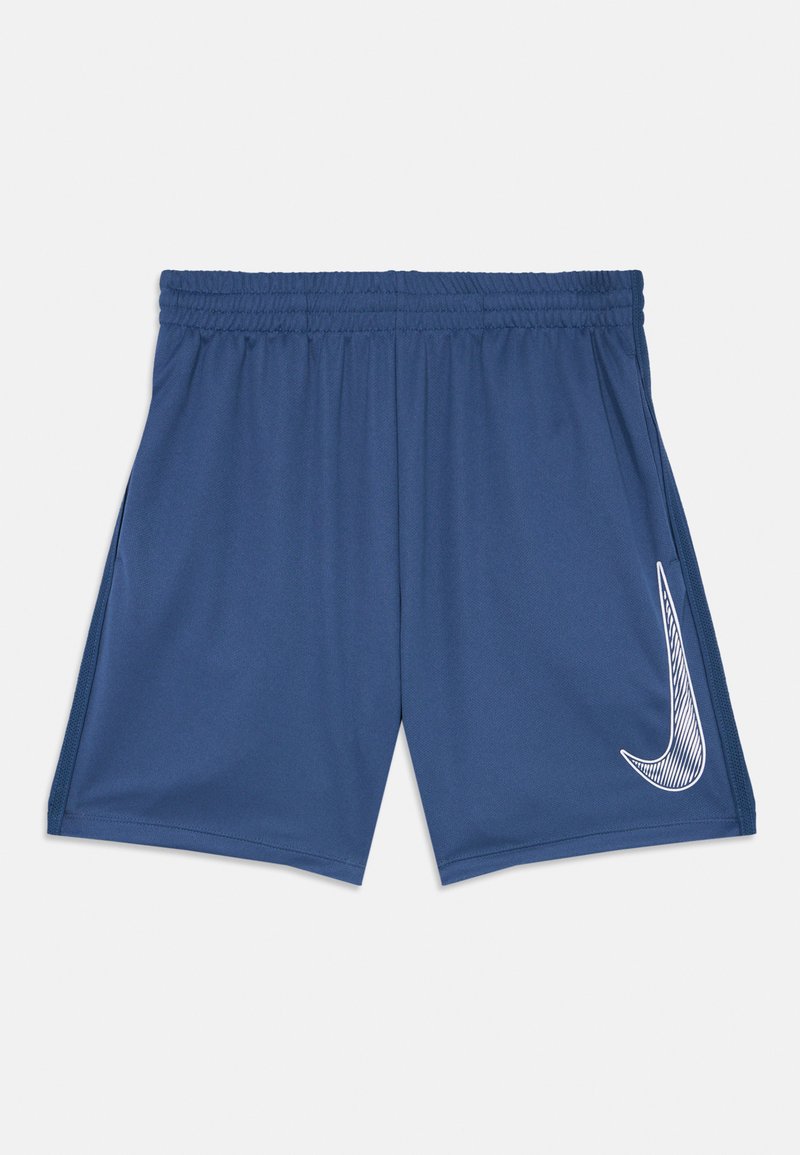 Modré športové šortky s elastickým pásom a veľkým bielym logom Nike swoosh na ľavej nohe.