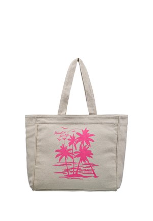 Geantă naturală de pânză cu două mânere, având un design cu palmier roz și text. Formă dreptunghiulară, material durabil, stil casual.
