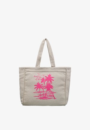 Sac cabas en toile naturelle à deux poignées, avec un motif de palmier rose et du texte. Forme rectangulaire, tissu durable, style décontracté.