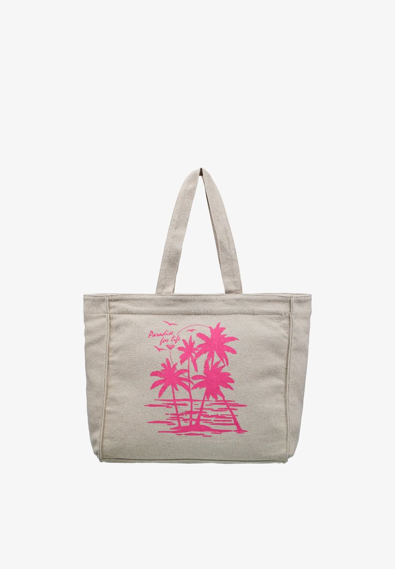 Sac cabas en toile naturelle à deux poignées, avec un motif de palmier rose et du texte. Forme rectangulaire, tissu durable, style décontracté.