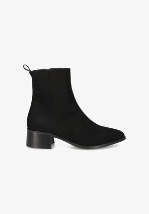 Black suede ankle boot with a smooth texture, pointed toe, and a chunky heel. Features a rear pull tab and side zipper.