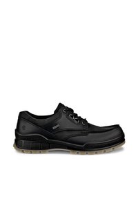 Chaussure décontractée noire en cuir avec lacets, semelle rembourrée et étiquette Gore-Tex, conçue pour une utilisation en extérieur ou au quotidien.