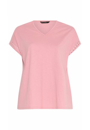 Rosa Kurzarm-V-Ausschnitt-Oberteil mit Spitzenbesatz an den Ärmeln, das eine lockere, entspannte Passform bietet.