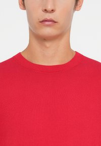 Pull en tricot rouge avec un col rond et des détails en côtes au col et à l'ourlet. Texture lisse, design ajusté.