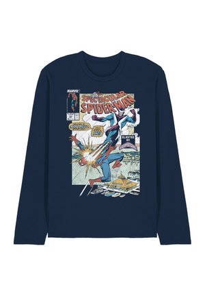 Navy long-sleeve shirt with comic book cover art showing Spider-Man being blasted by Boomerang above a marina. Text: Spectacular Spider-Man.