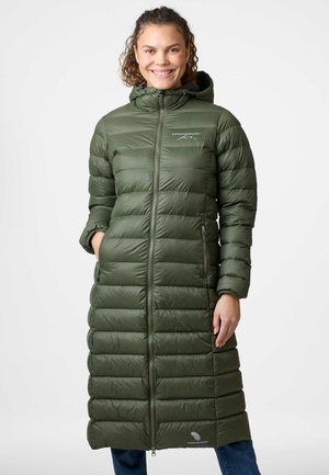 Long, olive green puffer coat with quilted design, hood, side pockets, and full zipper. Features brand logo and premium down insulation.